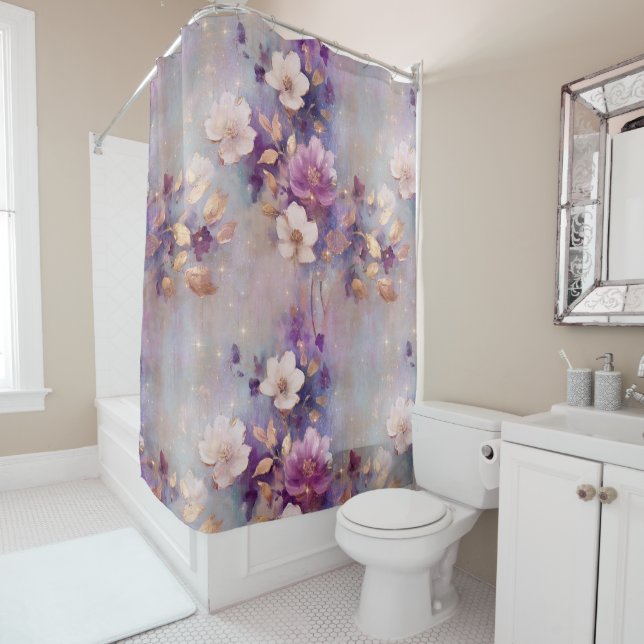 Feminine White Gold Purple Flowers Shower Curtain (In Situ)