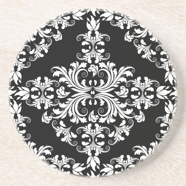 Feminine White on Black Damask Coaster (Front)