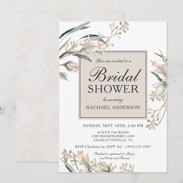 Feminine White Rosebuds Floral Bridal Shower Invitation (Front/Back)