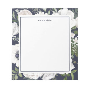 Feminine White Roses Greenery Navy Blue Name Notepad