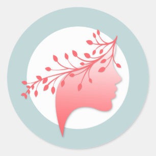 Feminine Woman Silhouette Logo Coral and Blue Classic Round Sticker