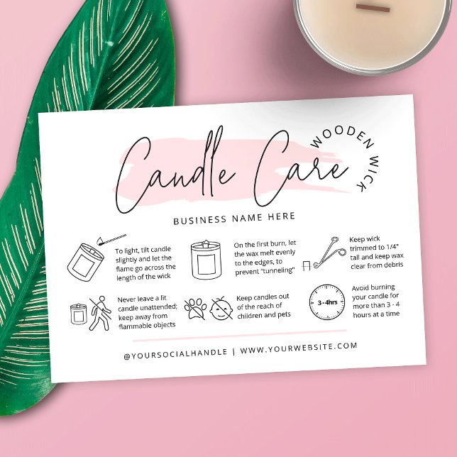 Feminine Wooden Wick Candle Care Instructions Business Card (Elegant candle safety instructions card for wooden wick candles with editable watercolor background)