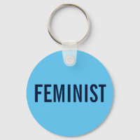 Feminist, bold navy text on sky blue