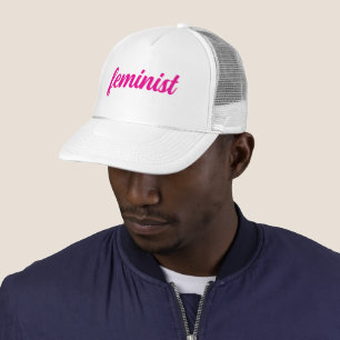 Feminist hot pink text trucker hat