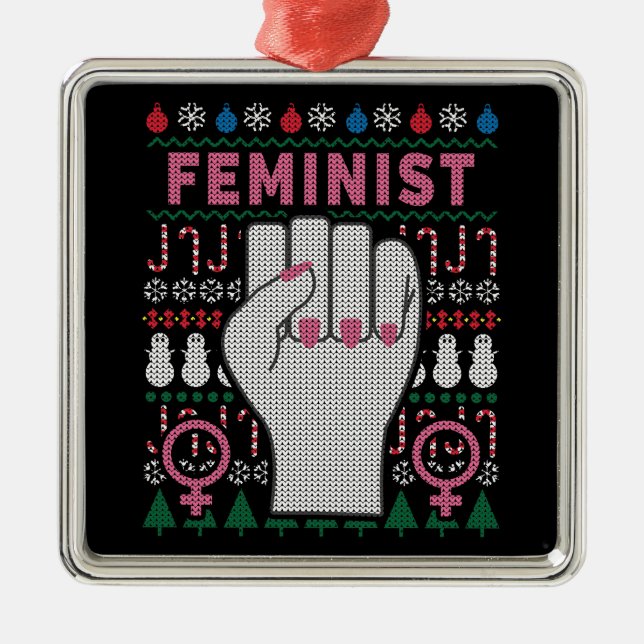 Feminist Power Ugly Christmas Sweater Metal Tree Decoration (Front)