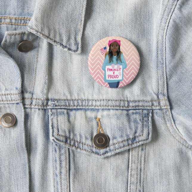 Feminist + Proud 6 Cm Round Badge (In Situ)