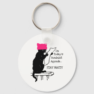 Feminist Resist Cat Pink Hat Stay Nasty Key Ring
