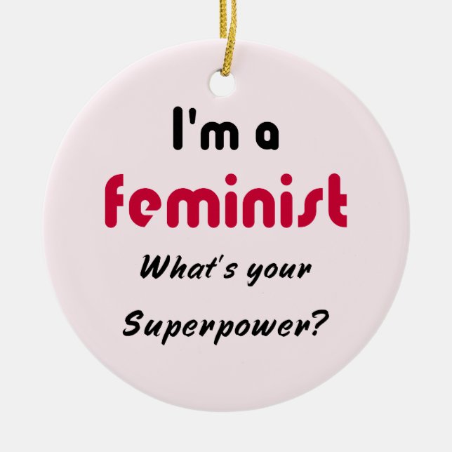 Feminist super power slogan pink ceramic tree decoration (Front)