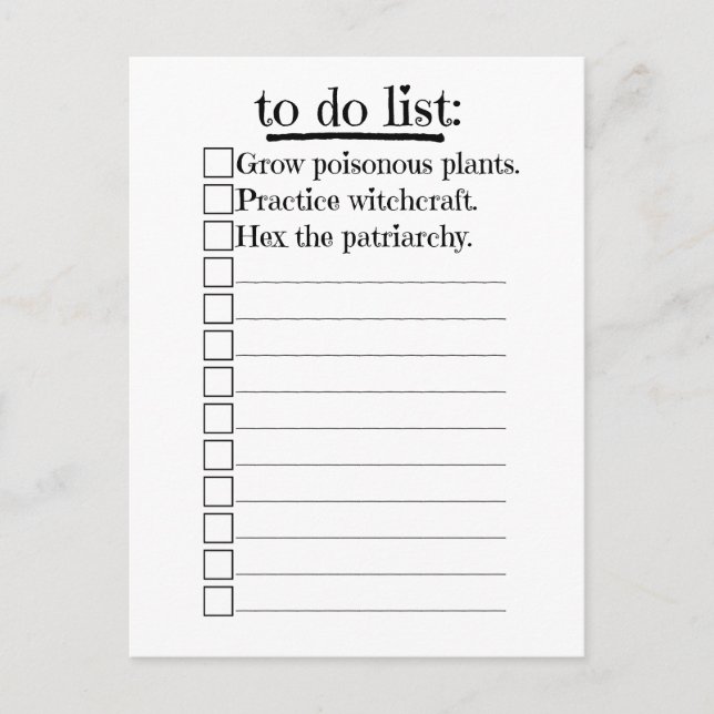 Feminist Witch To Do List Postcard (Front)