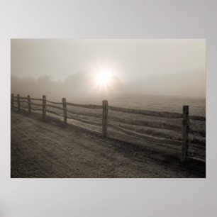 Fence and Sunburst Through Fog near Sharon Poster