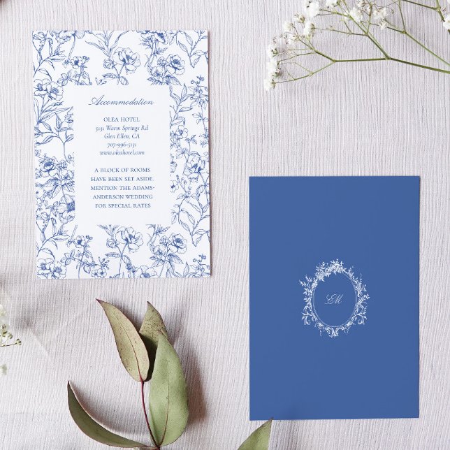 Fench Blue Chinoiserie Toile Wedding Accommodation Enclosure Card (Accommodation enclosure card with blue victorian chinoiserie blue pattern and monogram crest)