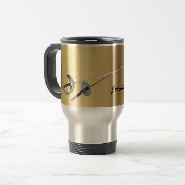 Fencing Sport two foils Personalise with name Travel Mug (Front Left)
