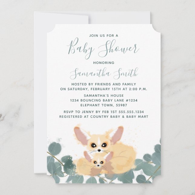Fennec Fox Baby Shower Watercolor Greenery Invitation (Front)
