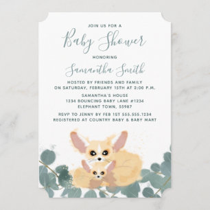 Fennec Fox Baby Shower Watercolor Greenery Invitation