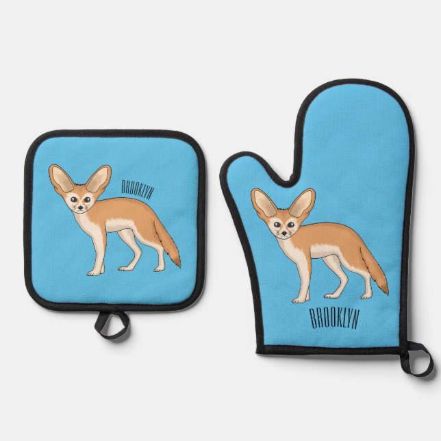 Fennec fox cartoon illustration  oven mitt & pot holder set (Front)