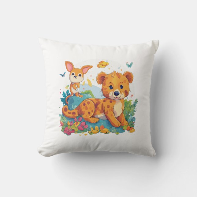 Fennec Fox & Kangaroo Cartoon Pillow (Front)