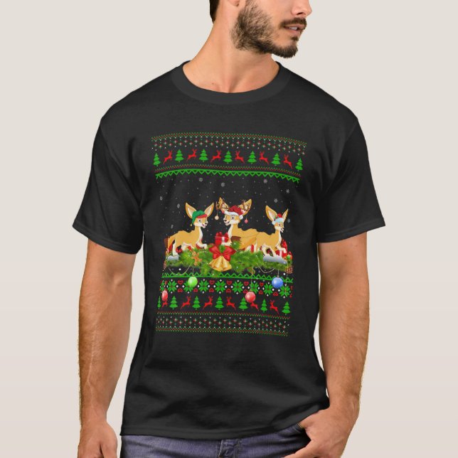 Fennec Fox Lover Xmas Lighting Ugly Fennec Fox Chr T-Shirt (Front)