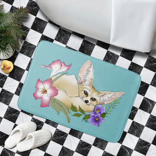 Fennec Fox Pink Flowers Cute Blue Botanical Bath Mat