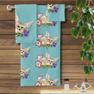 Fennec Fox Pink Purple Flowers Cute Blue Botanical Bath Towel Set