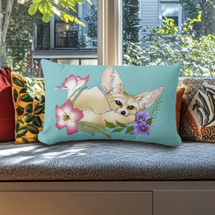 Fennec Fox Pink Purple Flowers Cute Blue Botanical Lumbar Cushion