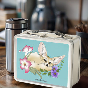 Fennec Fox Pink Purple Flowers Cute Blue Botanical Metal Lunch Box