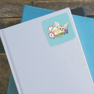 Fennec Fox Pink Purple Flowers Cute Blue Botanical Square Sticker