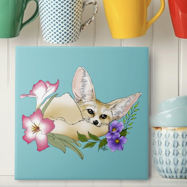 Fennec Fox Pink Purple Flowers Cute Blue Botanical Tile (Creator Uploaded)