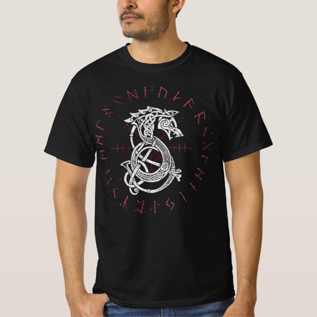 Fenrir Wolf Of Odin Celtic Norse Runes Distressed T-Shirt (Front)