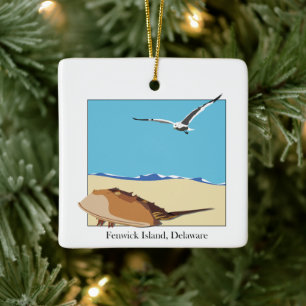 Fenwick Island, DE Horseshoe Crab Sea Gull Beach Ceramic Ornament