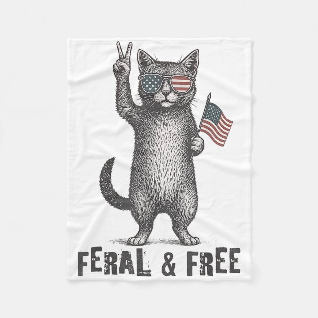 Feral &amp; Free Cat Funny 4th Of July  Fleece Blanket (Front)