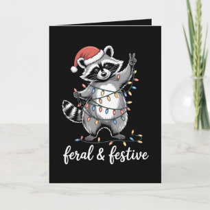 Feral And Festive Christmas Racoon Santa Hat Card