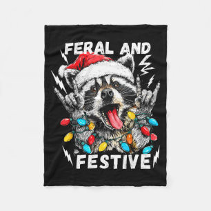 Feral And Festive Funny Christmas Rocker Raccoon S Fleece Blanket