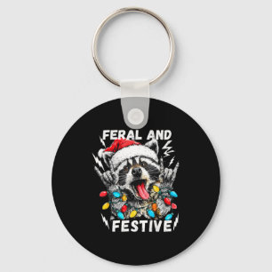 Feral And Festive Funny Christmas Rocker Raccoon S Key Ring