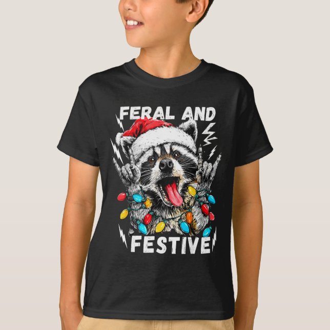 Feral And Festive Funny Christmas Rocker Racoon S T-Shirt (Front)