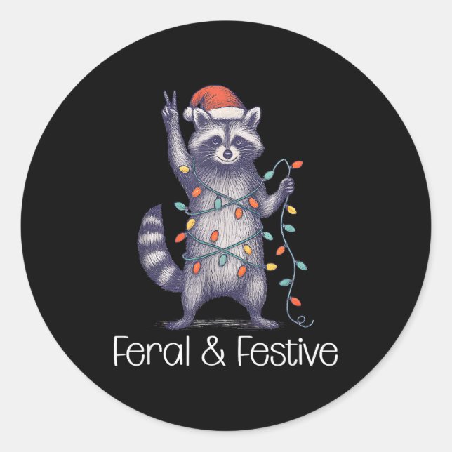 Feral And Festive Raccoon, Funny Christmas  Classic Round Sticker (Front)