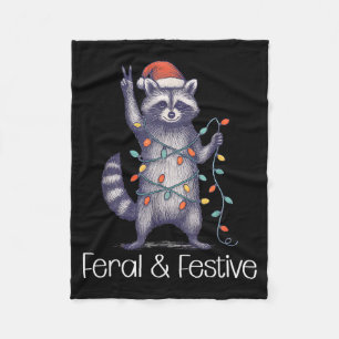 Feral And Festive Raccoon, Funny Christmas  Fleece Blanket