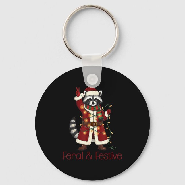 Feral And Festive Raccoon Funny Christmas  Key Ring (Front)