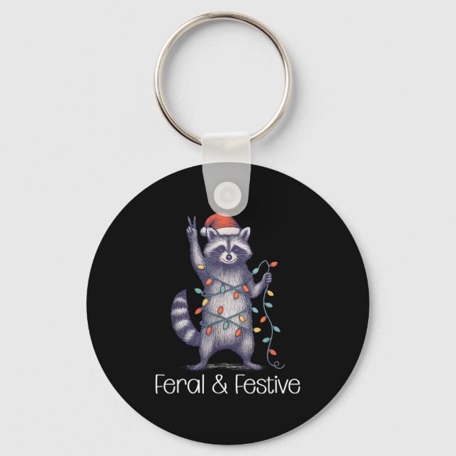Feral And Festive Raccoon, Funny Christmas  Key Ring (Front)