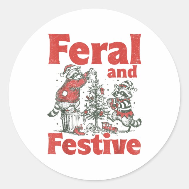 Feral And Festive Raccoon Santa Christmas Holiday  Classic Round Sticker (Front)