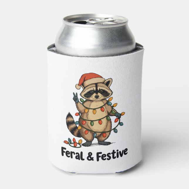 Feral And Festive Racoon Christmas Xmas Lights Can Cooler (Can Front)