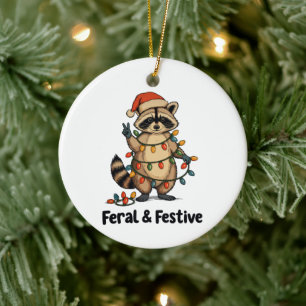 Feral And Festive Racoon Christmas Xmas Lights Ceramic Tree Decoration