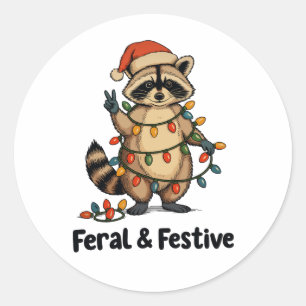 Feral And Festive Racoon Christmas Xmas Lights Classic Round Sticker