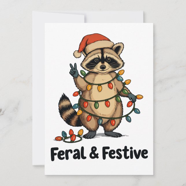 Feral And Festive Racoon Christmas Xmas Lights Holiday Card (Front)
