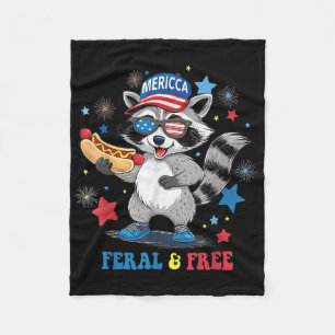 Feral And Free 4th July Funny Patriotic Racoon Fer Fleece Blanket