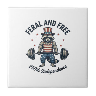 Feral and Free Patriotic Racoon Weightlifting Shi Tile