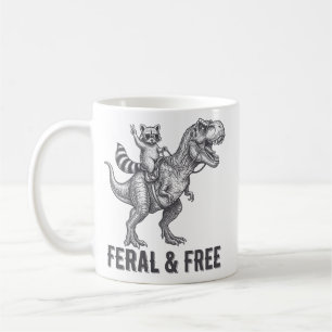 Feral and Free Racoon Riding a T-Rex Funny Retro Coffee Mug