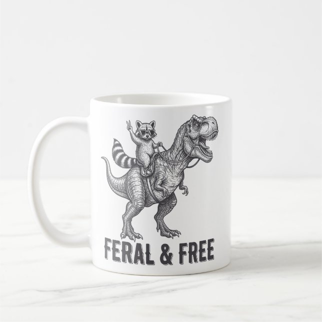 Feral and Free Racoon Riding a T-Rex Funny Retro Coffee Mug (Left)