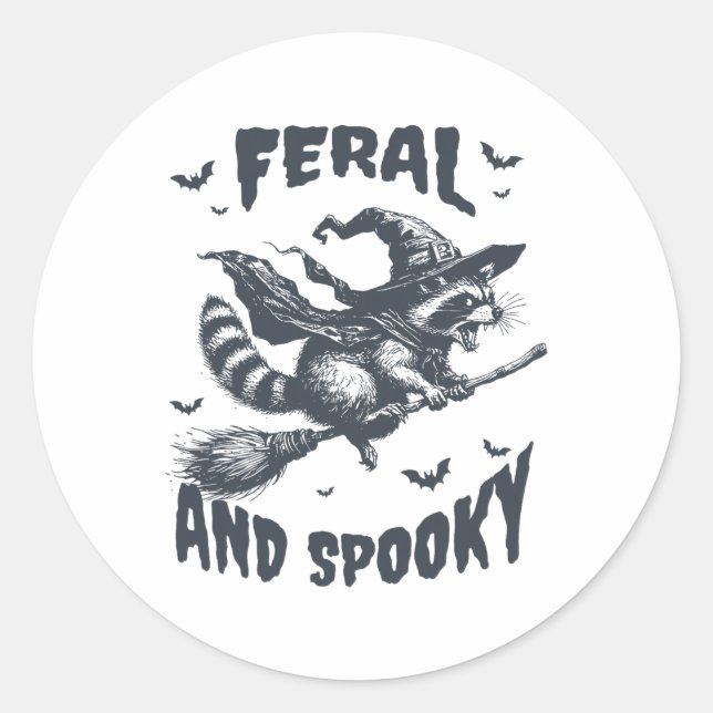 Feral And Spooky Racoon Witch Hat Halloween Funny Classic Round Sticker (Front)