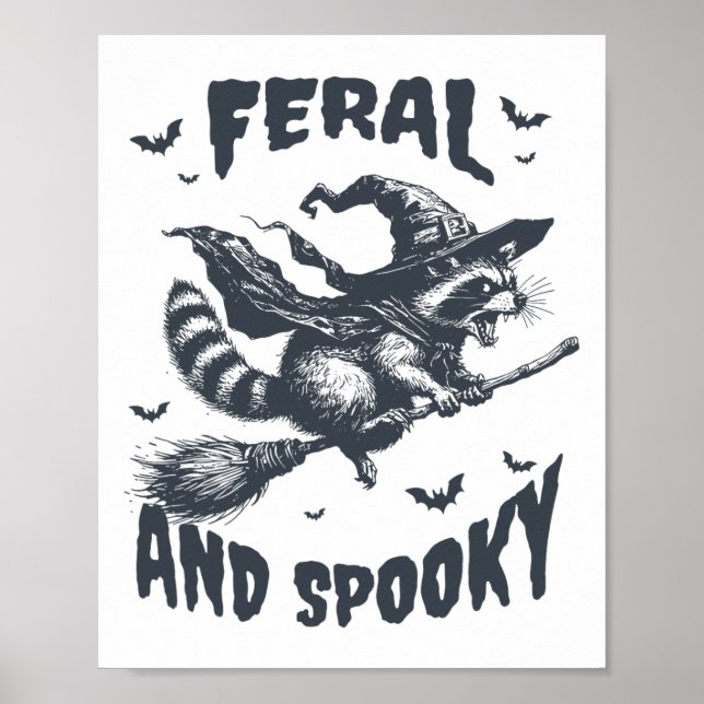 Feral And Spooky Racoon Witch Hat Halloween Funny Poster (Front)