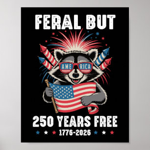 Feral But 250 Years Free Cute Racoon America Flag Poster